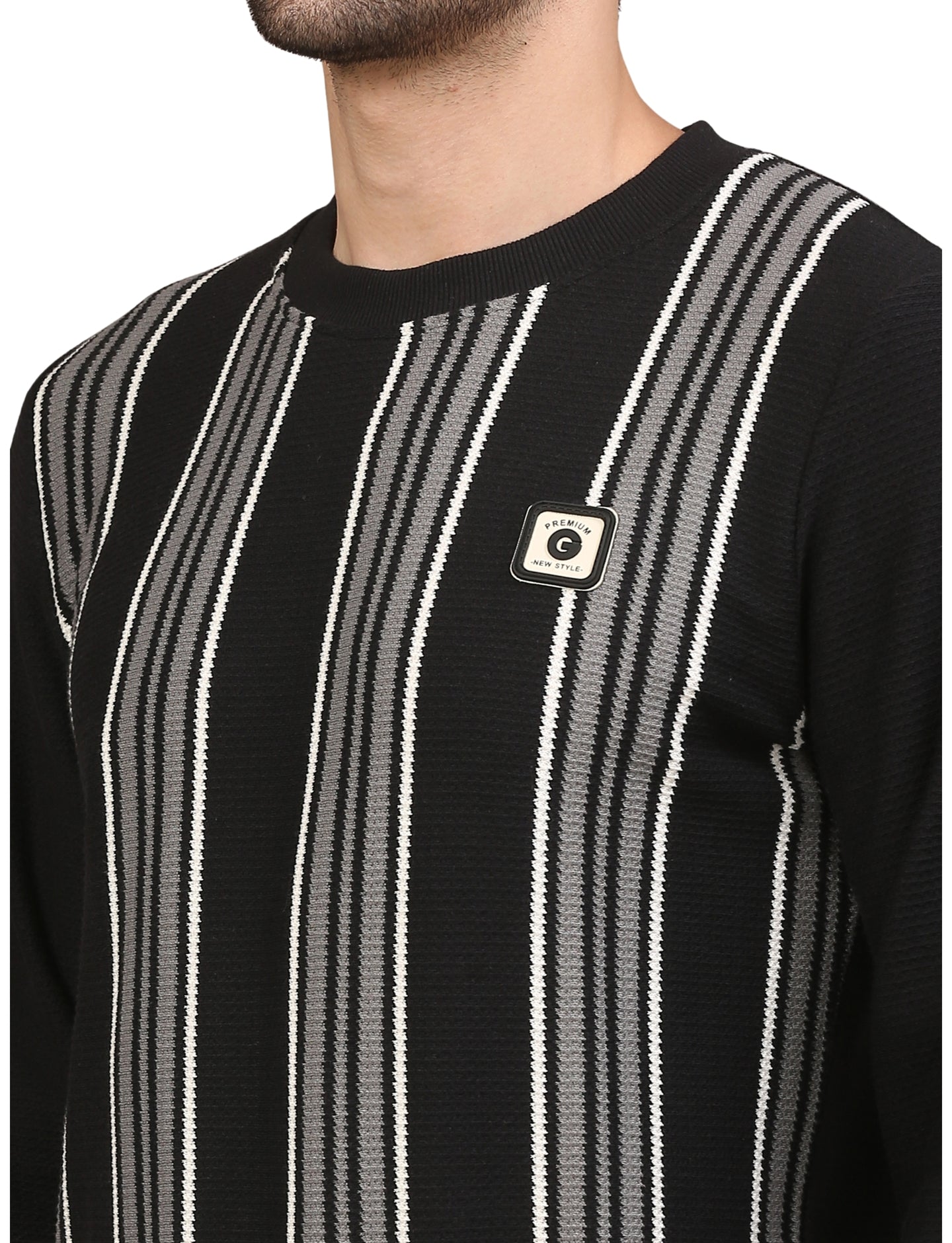 Men’s Striped Cotton Blend Fleece Sweatshirt Black