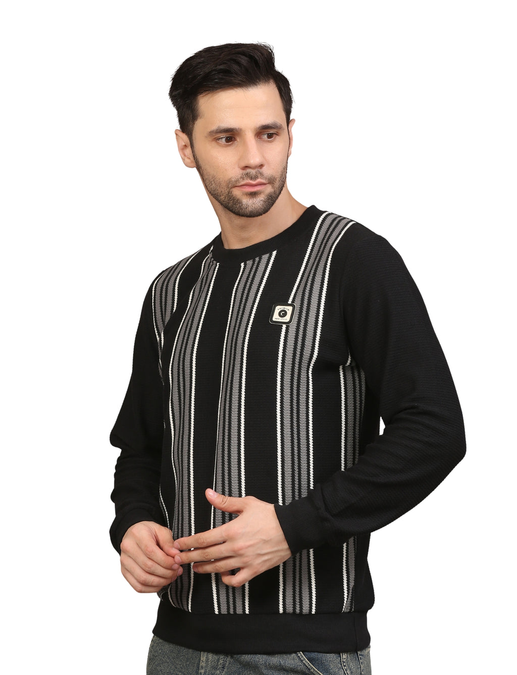 Men’s Striped Cotton Blend Fleece Sweatshirt Black