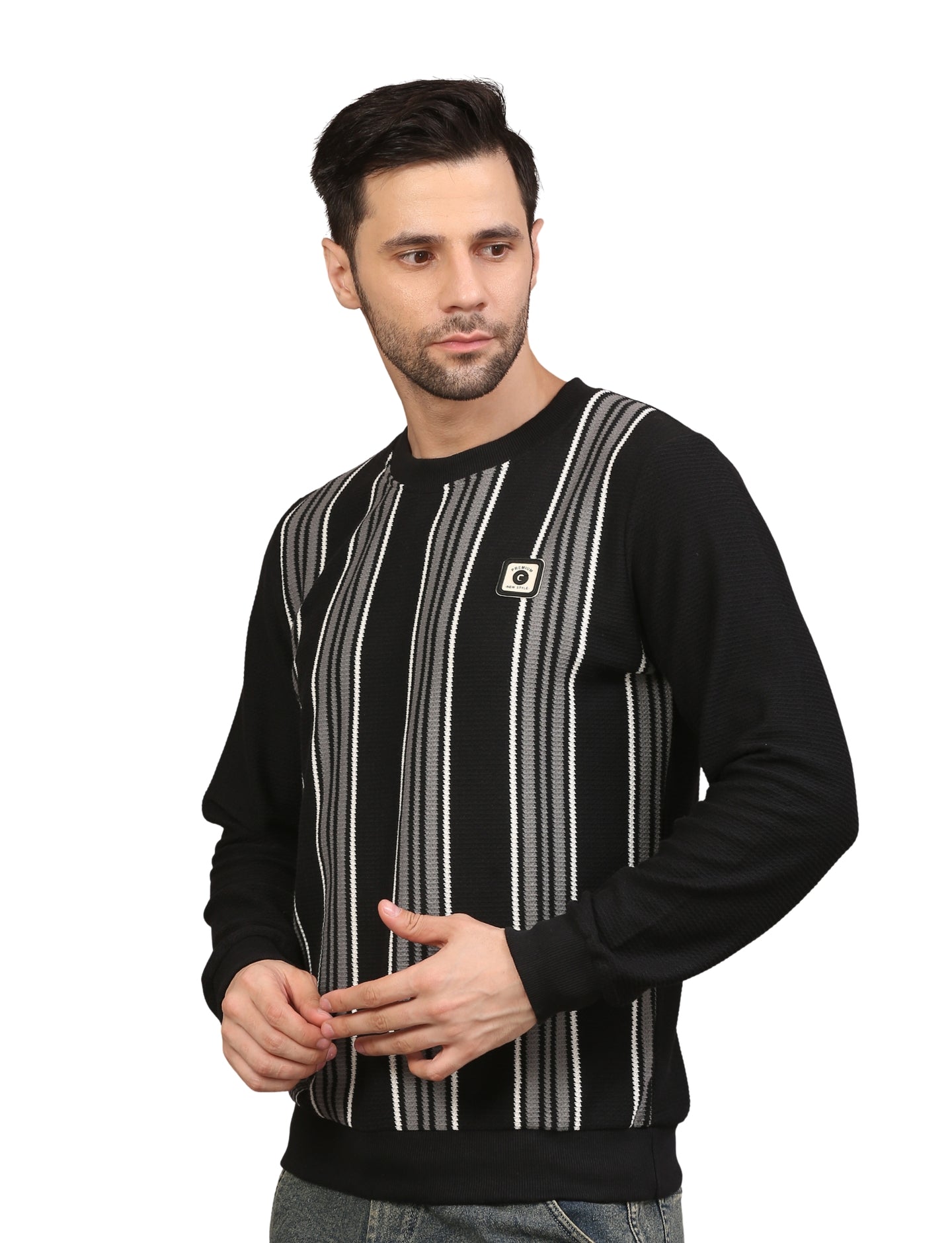 Men’s Striped Cotton Blend Fleece Sweatshirt Black