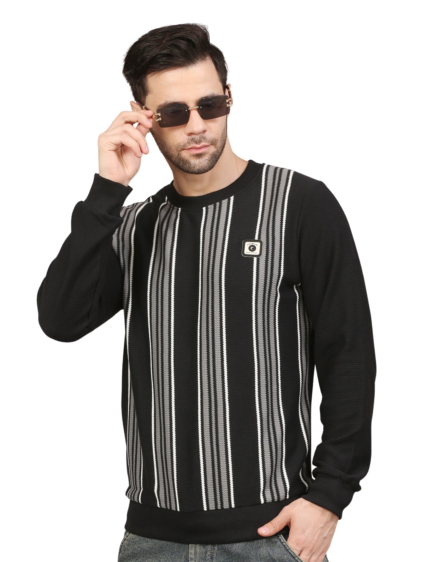 Men’s Striped Cotton Blend Fleece Sweatshirt Black