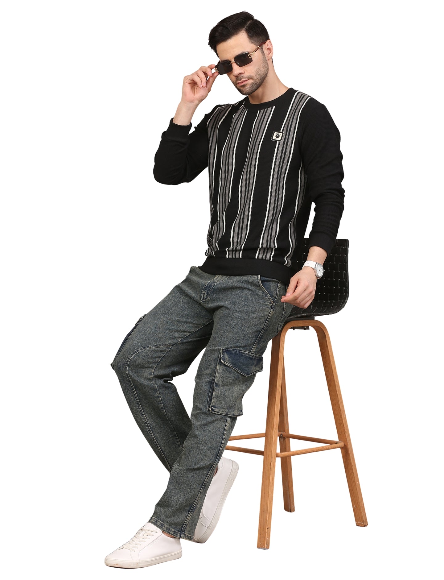 Men’s Striped Cotton Blend Fleece Sweatshirt Black