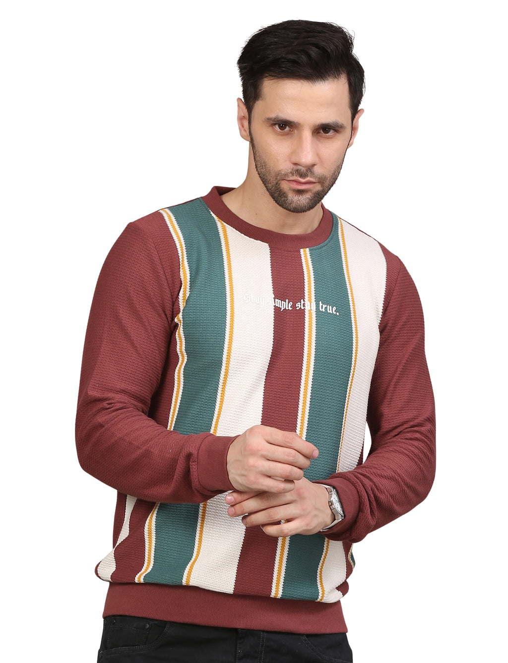 Men's Striped Full Sleeve Sweatshirt Crew Neck Pullover Wine