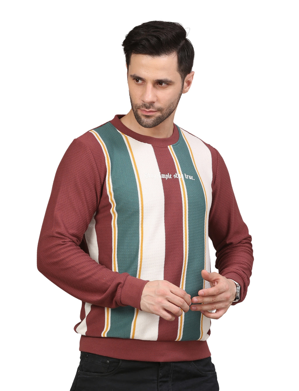 Men's Striped Full Sleeve Sweatshirt Crew Neck Pullover Wine