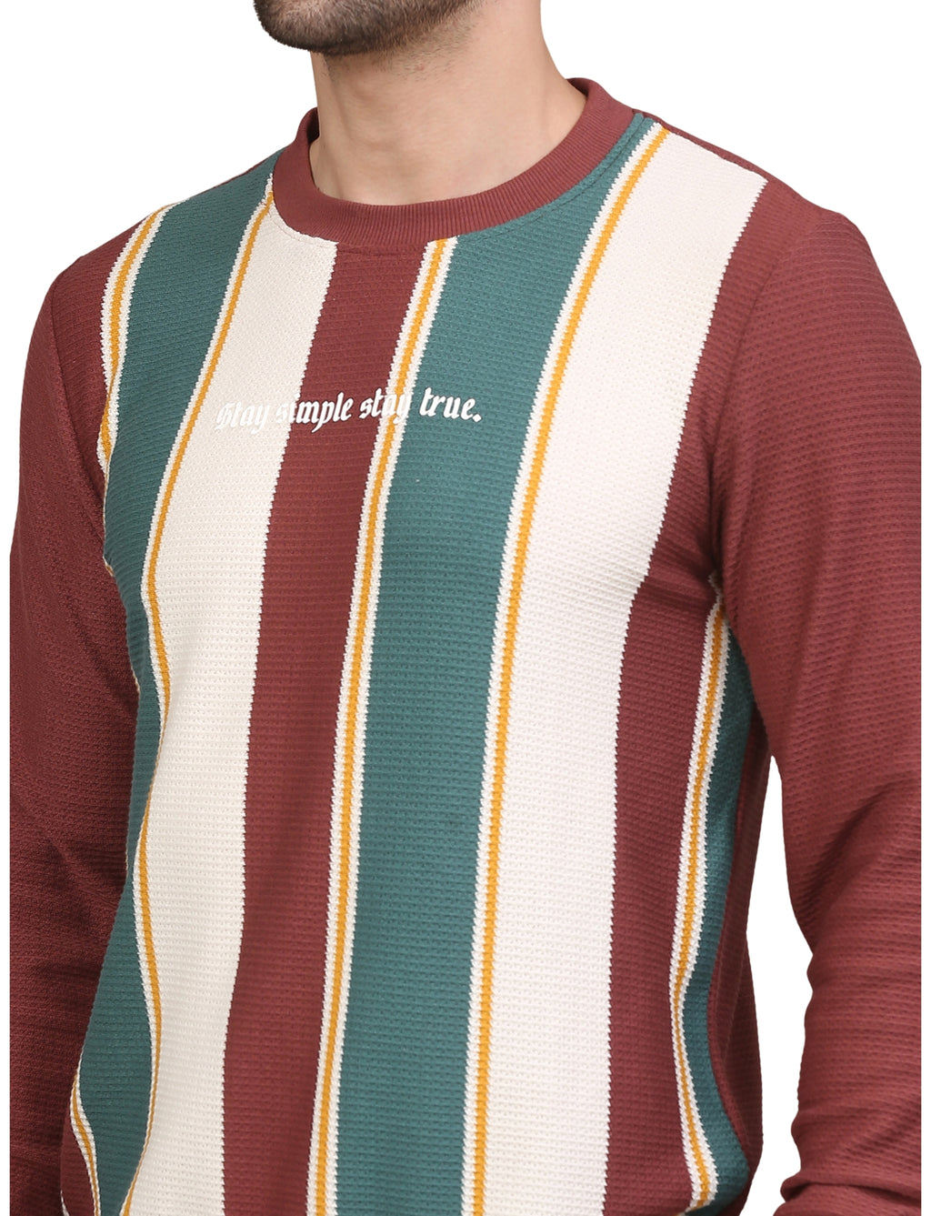 Men's Striped Full Sleeve Sweatshirt Crew Neck Pullover Wine