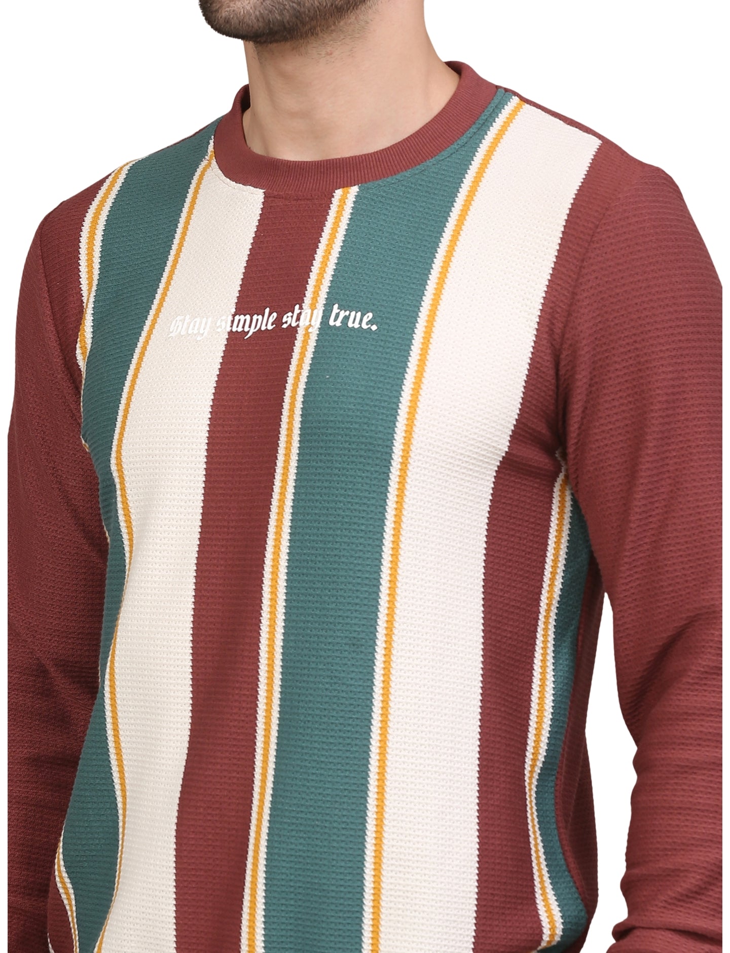 Men's Striped Full Sleeve Sweatshirt Crew Neck Pullover Wine