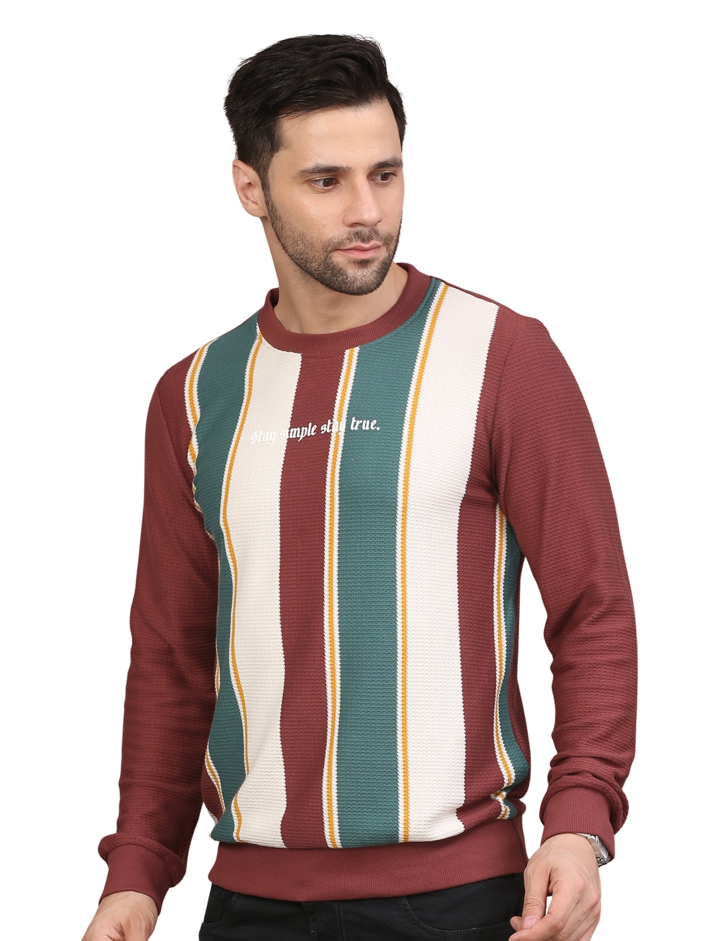 Men's Striped Full Sleeve Sweatshirt Crew Neck Pullover Wine