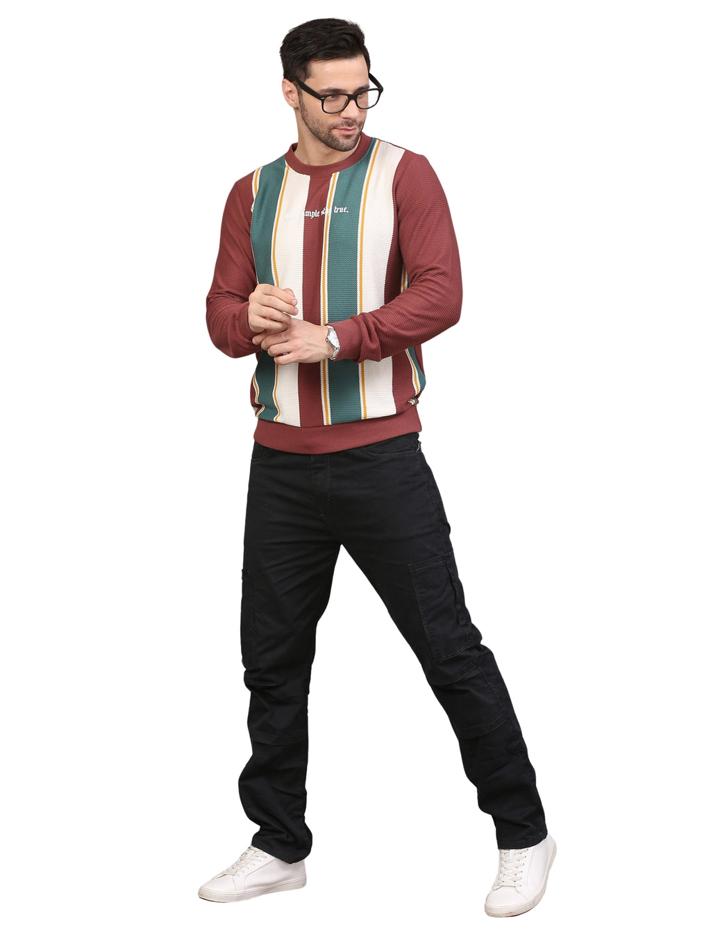 Men's Striped Full Sleeve Sweatshirt Crew Neck Pullover Wine