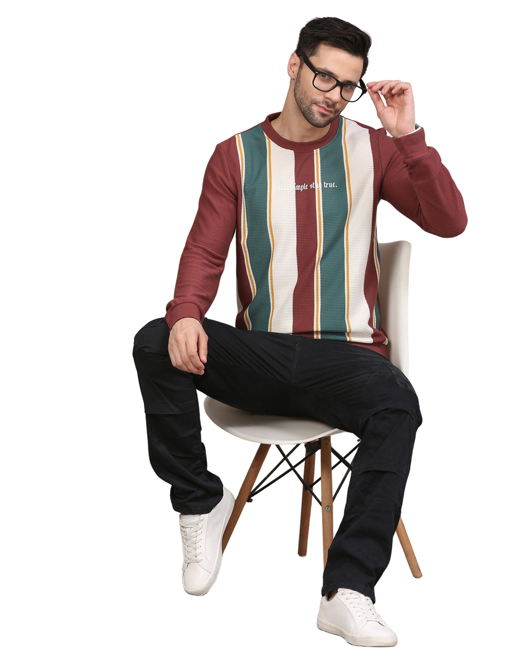 Men's Striped Full Sleeve Sweatshirt Crew Neck Pullover Wine