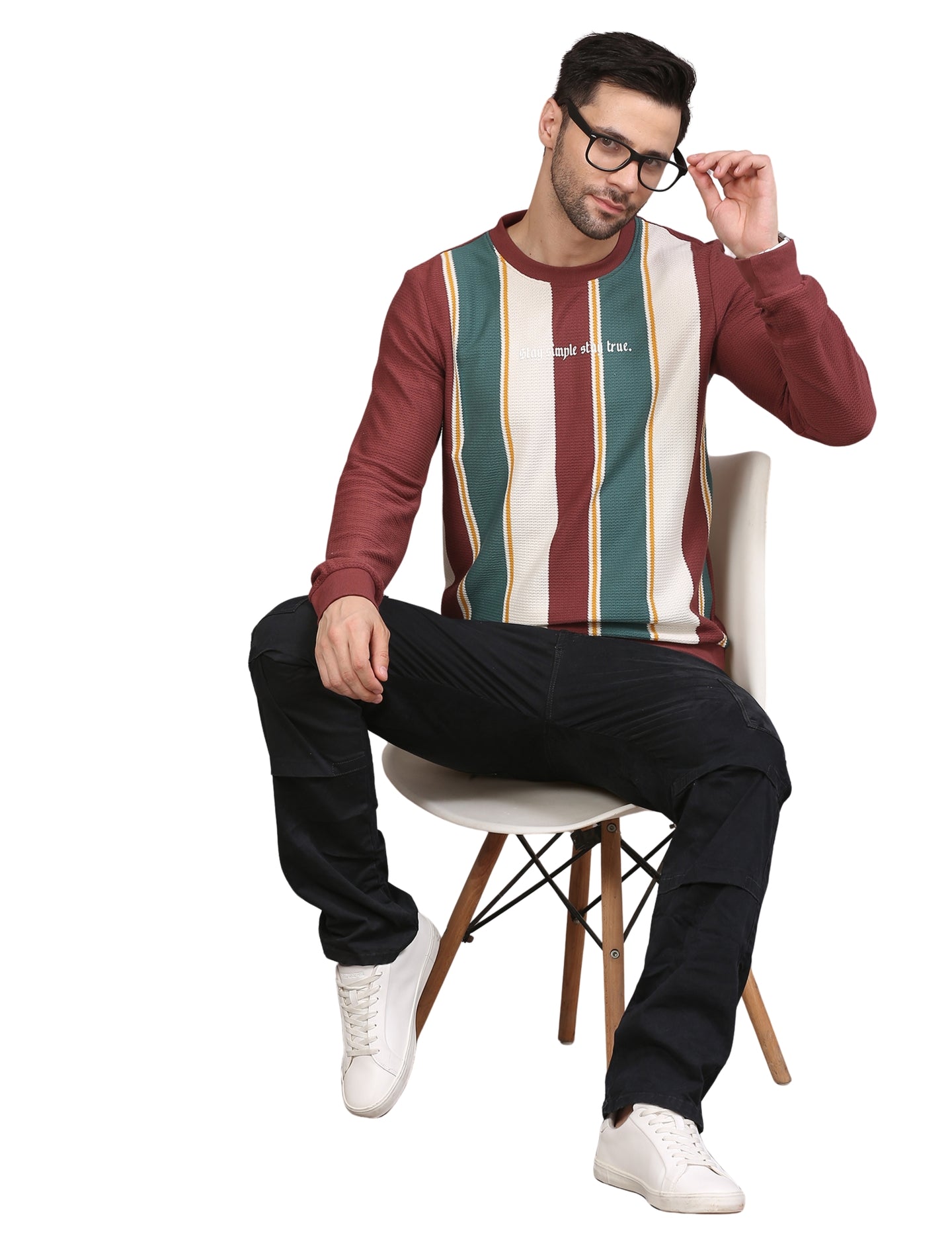 Men's Striped Full Sleeve Sweatshirt Crew Neck Pullover Wine