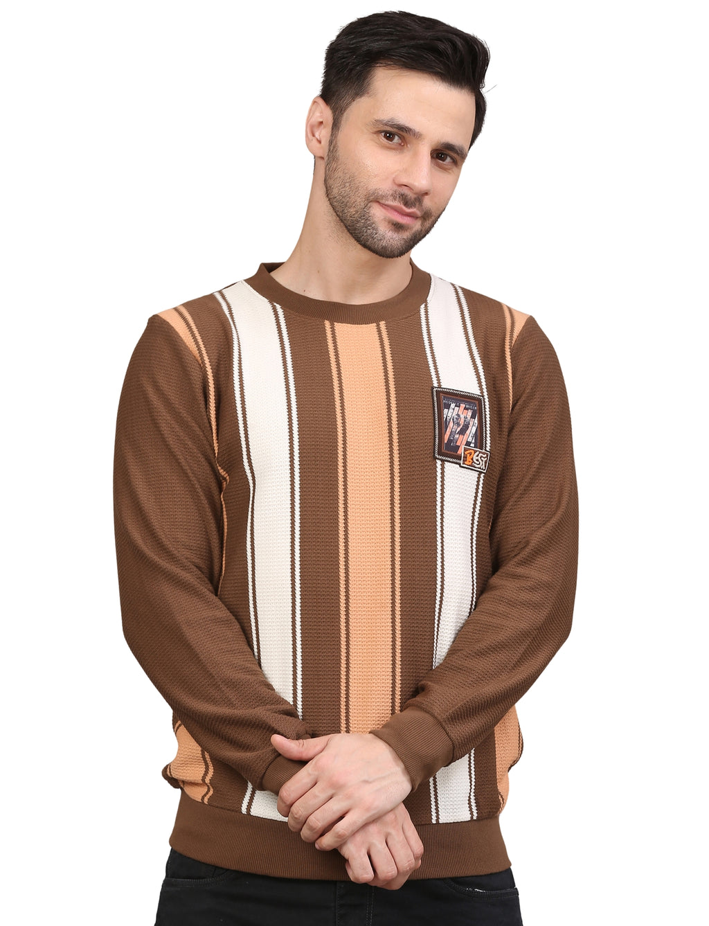 NEXGEN CLUB Men’s Sweatshirt Stripe Full Sleeve Crew Neck Pullover Brown