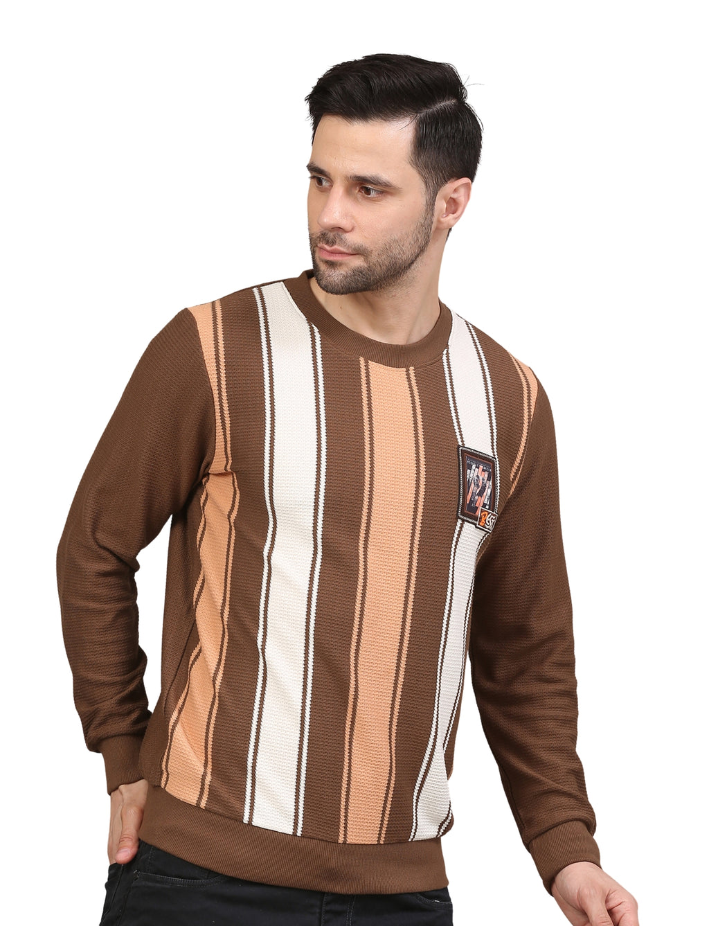 NEXGEN CLUB Men’s Sweatshirt Stripe Full Sleeve Crew Neck Pullover Brown