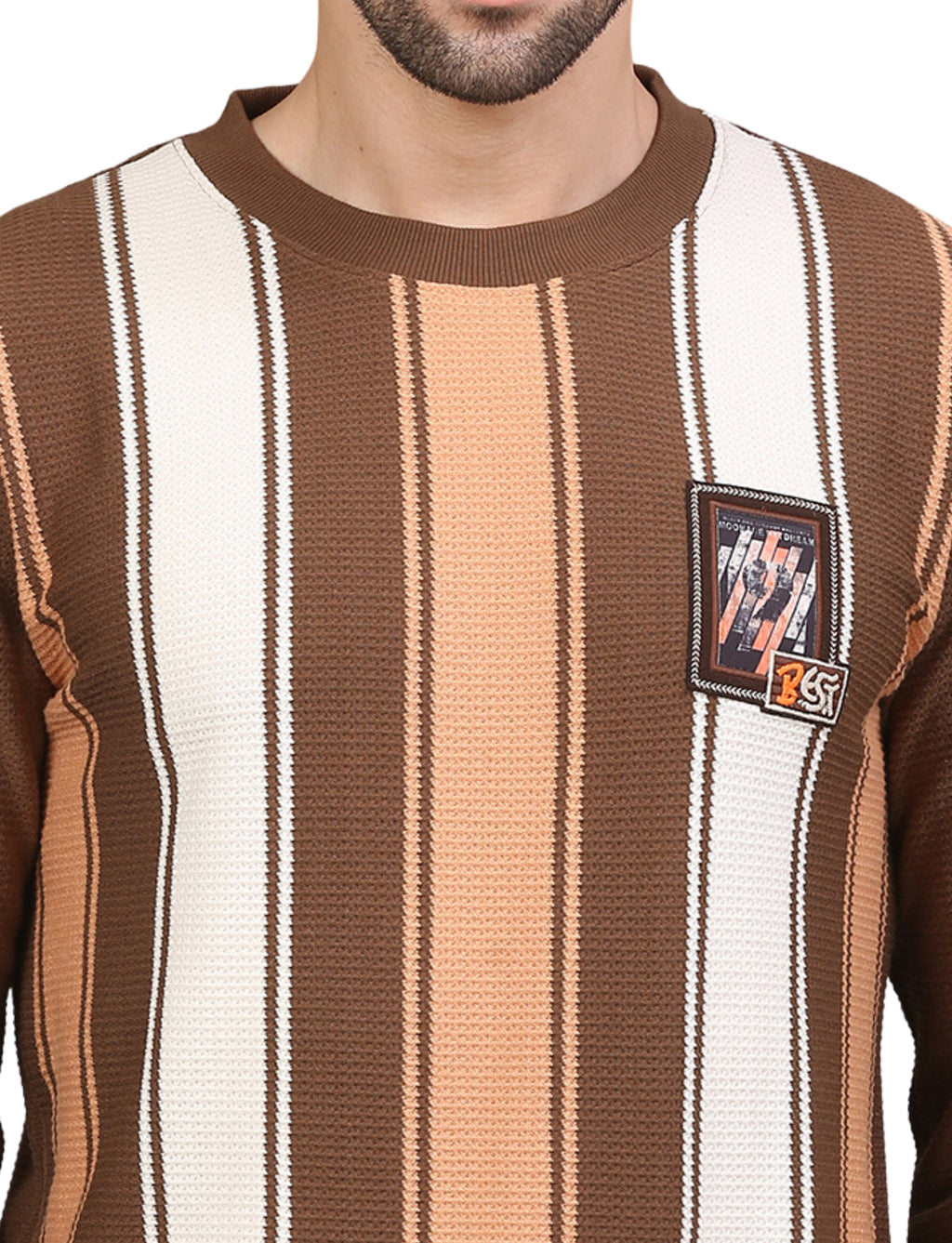 NEXGEN CLUB Men’s Sweatshirt Stripe Full Sleeve Crew Neck Pullover Brown