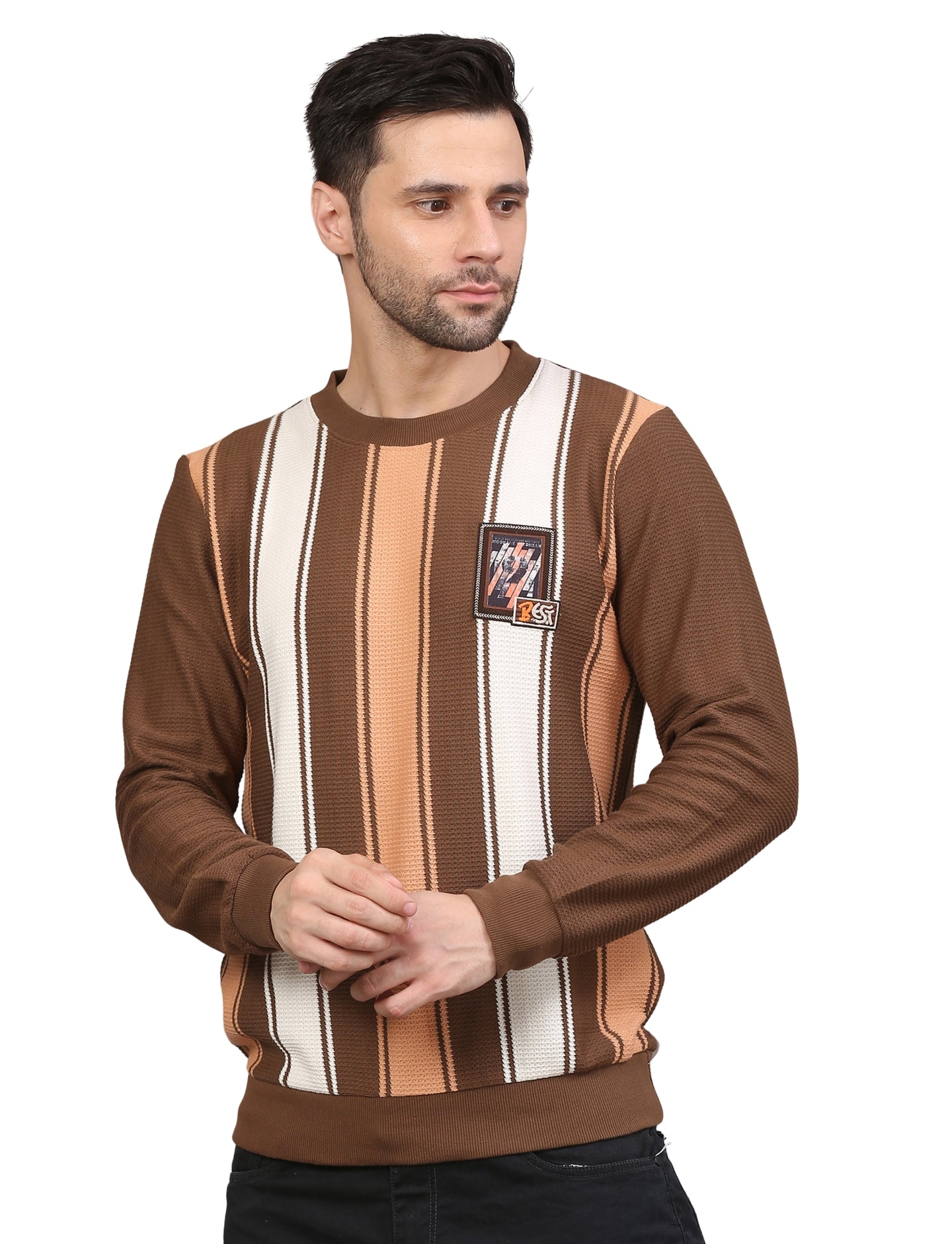 NEXGEN CLUB Men’s Sweatshirt Stripe Full Sleeve Crew Neck Pullover Brown