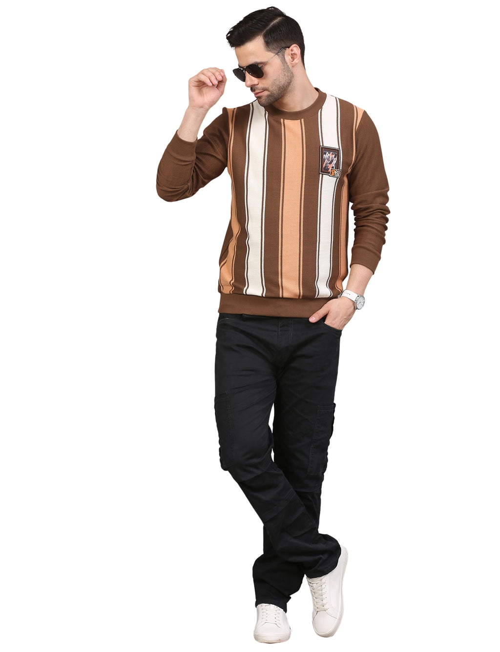 NEXGEN CLUB Men’s Sweatshirt Stripe Full Sleeve Crew Neck Pullover Brown
