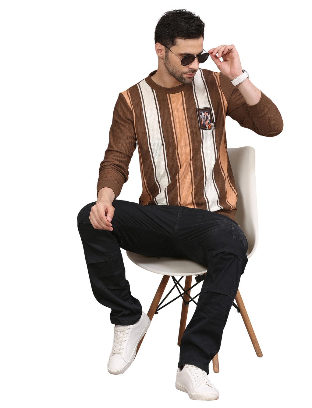 NEXGEN CLUB Men’s Sweatshirt Stripe Full Sleeve Crew Neck Pullover Brown