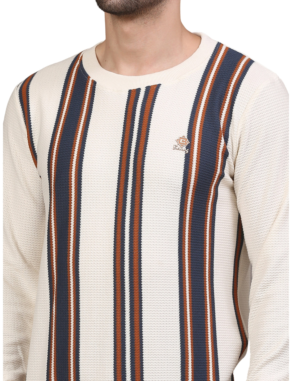 Men's Vertical Striped Sweatshirt Cream, Navy & Brown Casual Knit Pullover