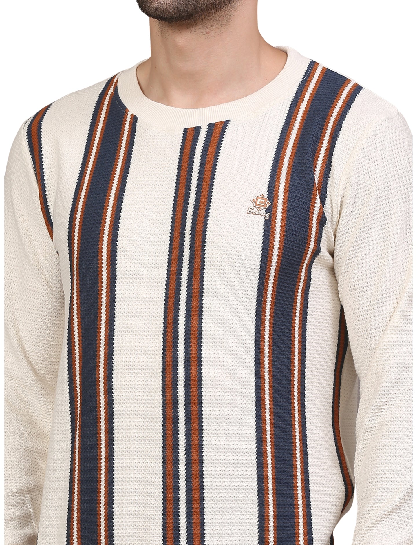 Men's Vertical Striped Sweatshirt Cream, Navy & Brown Casual Knit Pullover