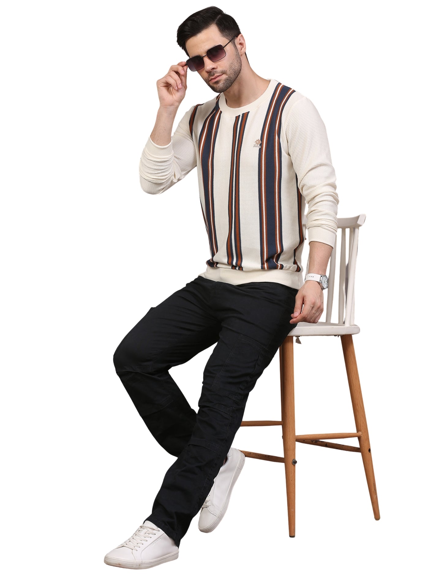 Men's Vertical Striped Sweatshirt Cream, Navy & Brown Casual Knit Pullover