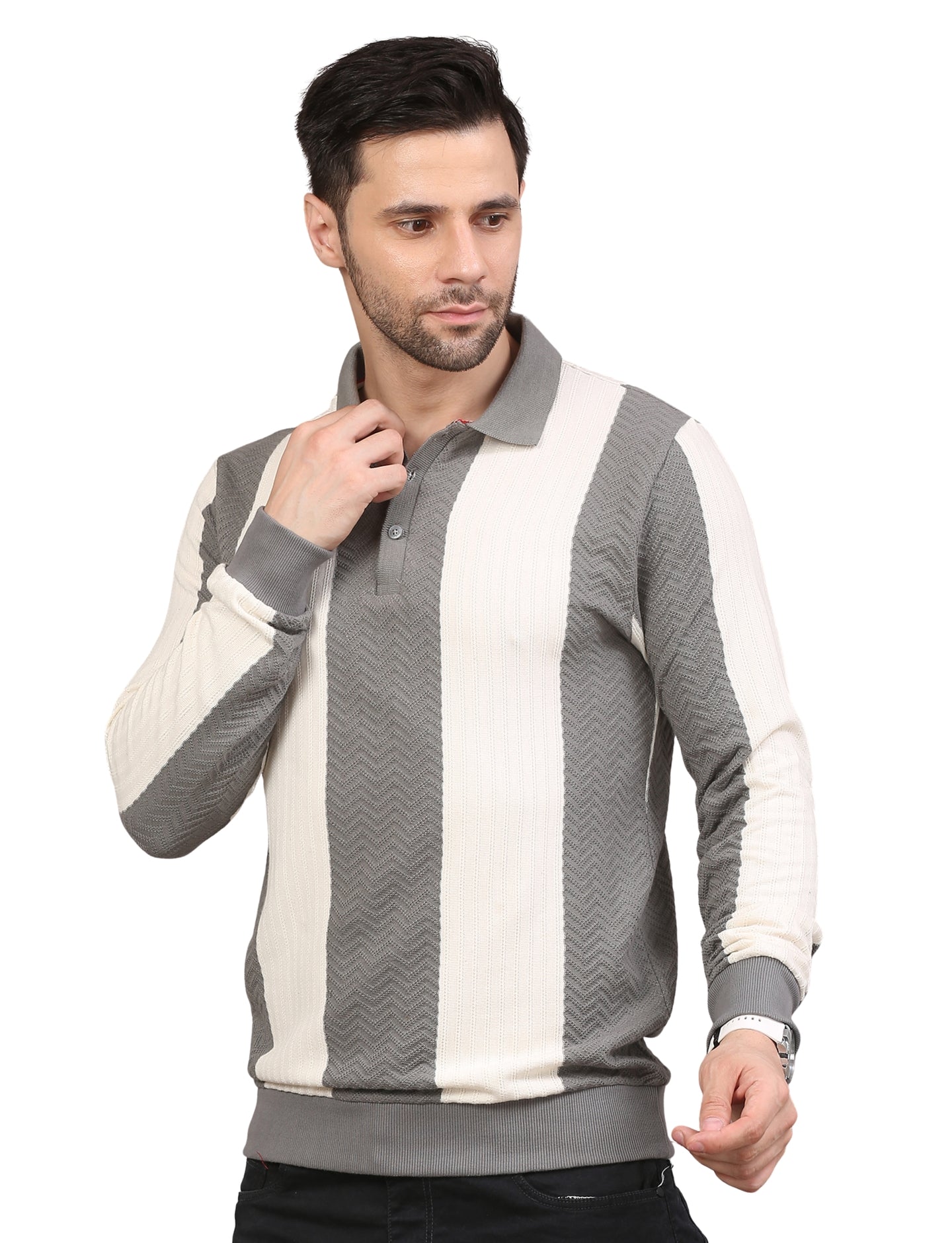 Men's Grey and White Striped Polo Sweatshirt Modern Stylish Casual Wear