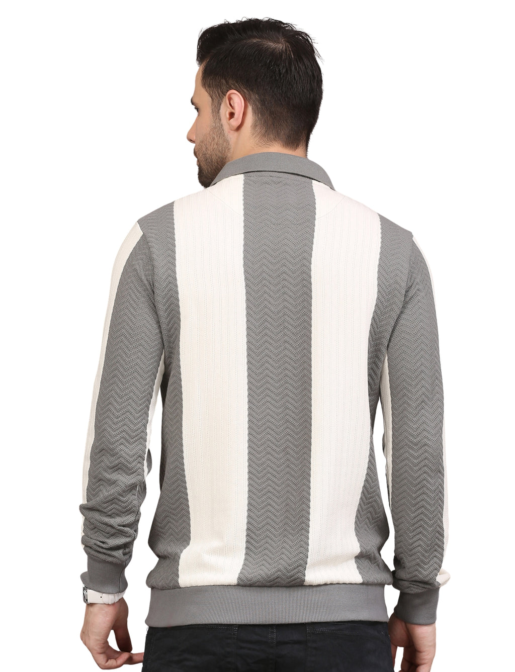 Men's Grey and White Striped Polo Sweatshirt Modern Stylish Casual Wear