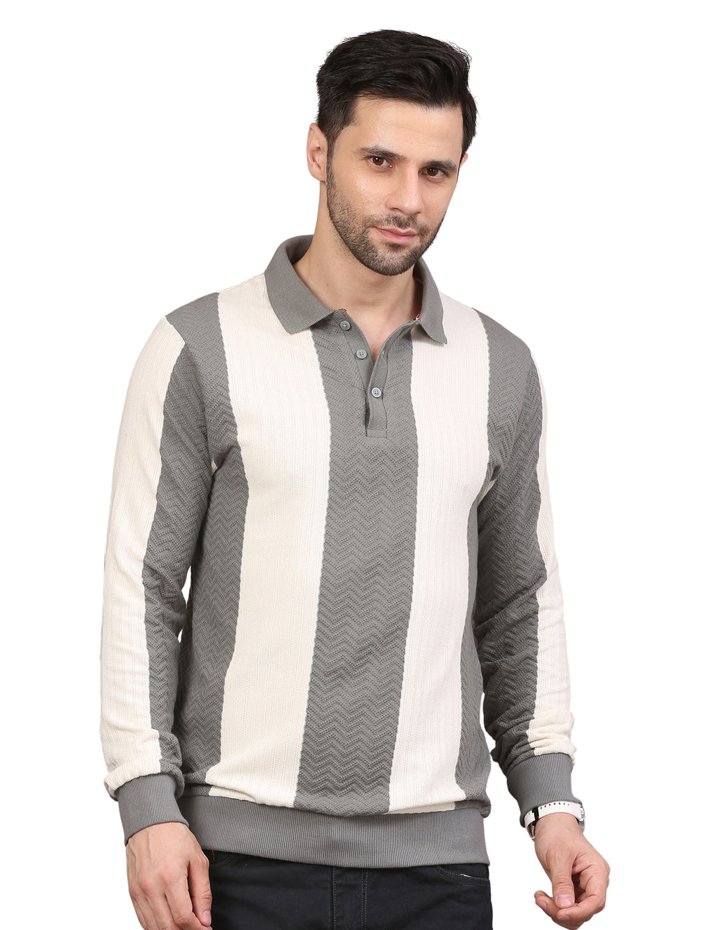 Men's Grey and White Striped Polo Sweatshirt Modern Stylish Casual Wear