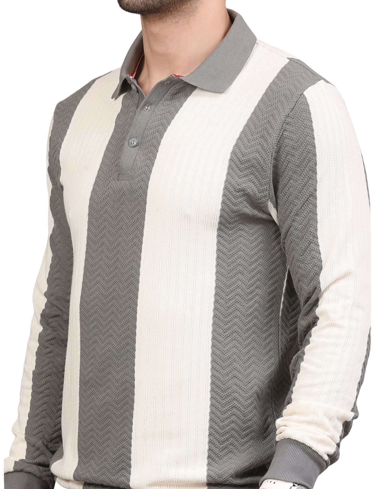 Men's Grey and White Striped Polo Sweatshirt Modern Stylish Casual Wear