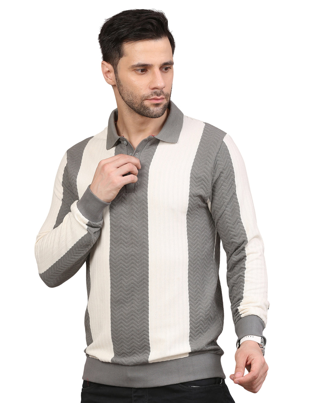 Men's Grey and White Striped Polo Sweatshirt Modern Stylish Casual Wear