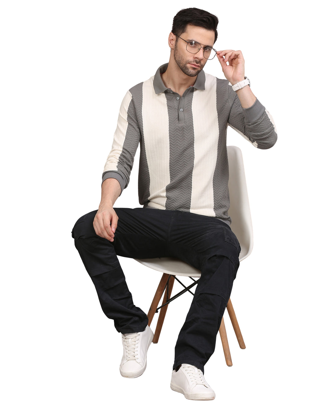 Men's Grey and White Striped Polo Sweatshirt Modern Stylish Casual Wear
