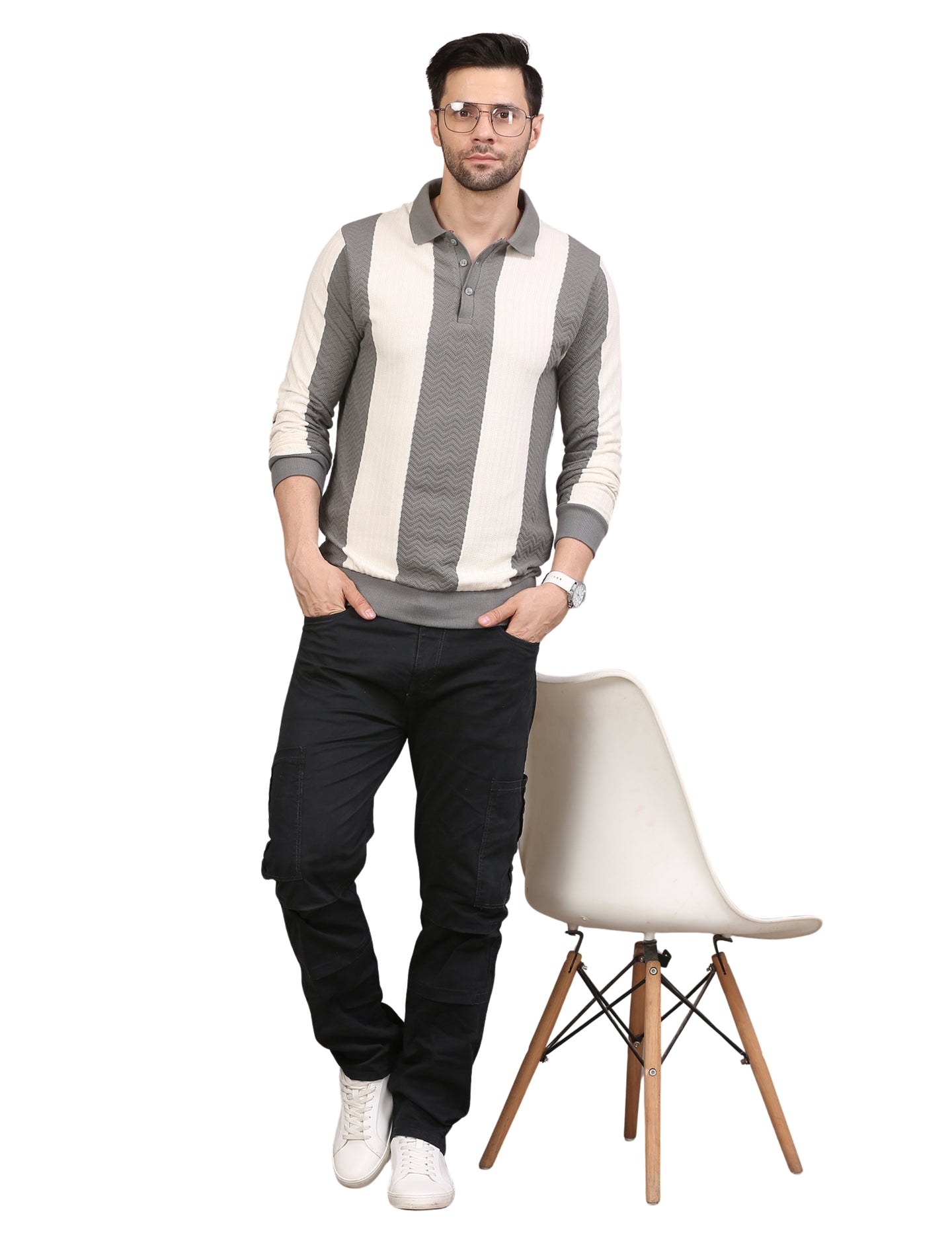 Men's Grey and White Striped Polo Sweatshirt Modern Stylish Casual Wear