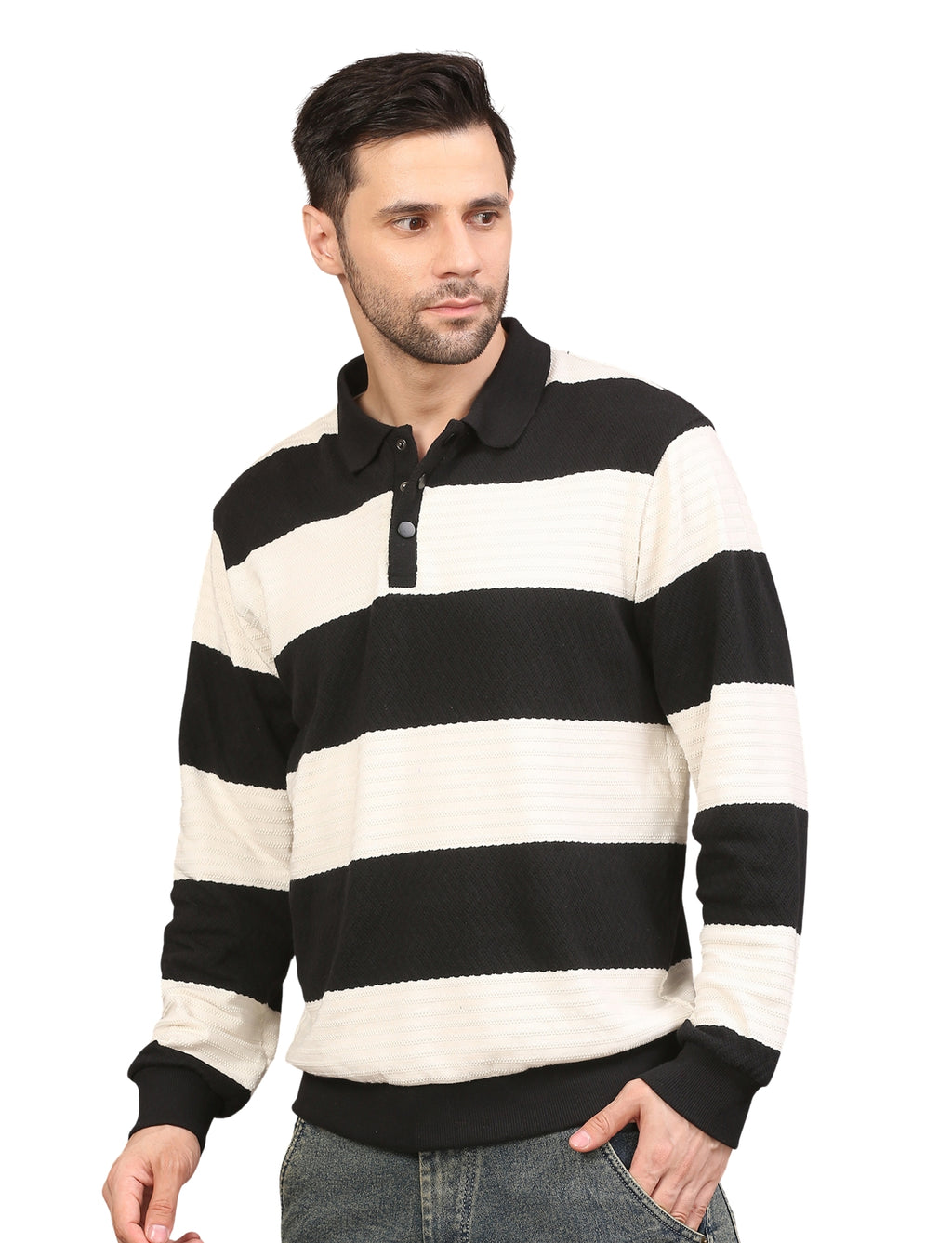 Men's Black and White Striped Polo Sweatshirt Stylish Casual Pullover for Everyday Wear