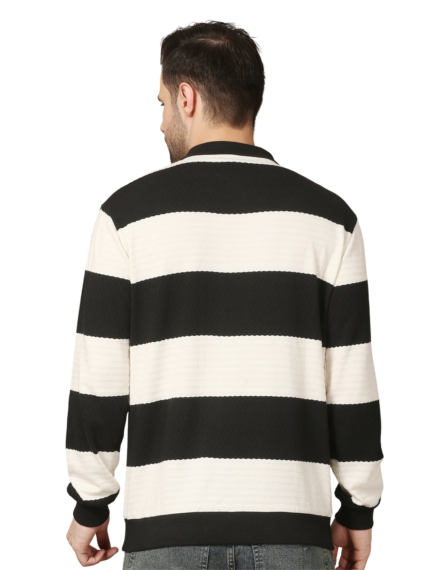 Men's Black and White Striped Polo Sweatshirt Stylish Casual Pullover for Everyday Wear