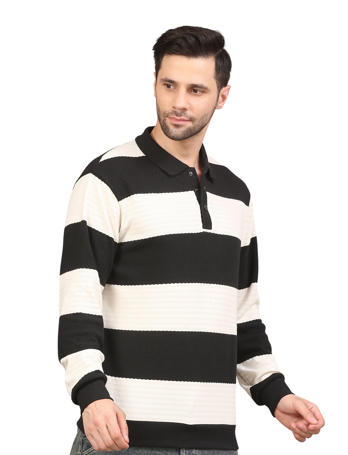 Men's Black and White Striped Polo Sweatshirt Stylish Casual Pullover for Everyday Wear