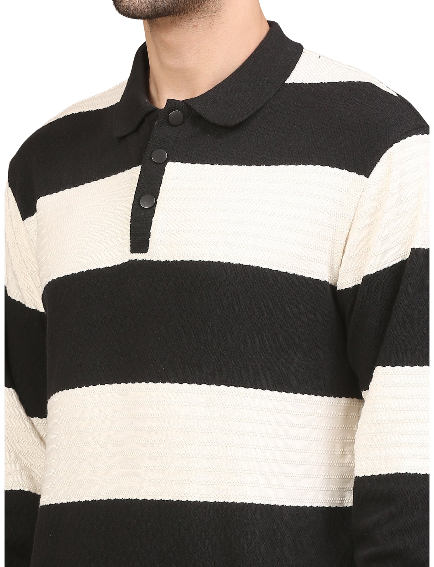 Men's Black and White Striped Polo Sweatshirt Stylish Casual Pullover for Everyday Wear