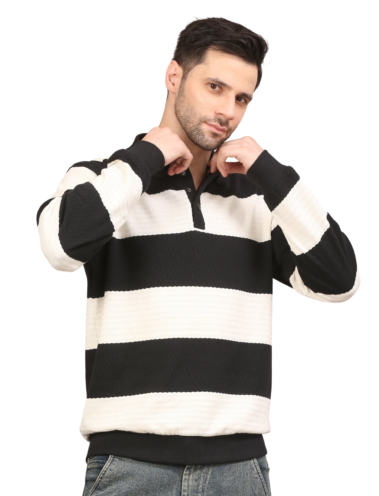 Men's Black and White Striped Polo Sweatshirt Stylish Casual Pullover for Everyday Wear