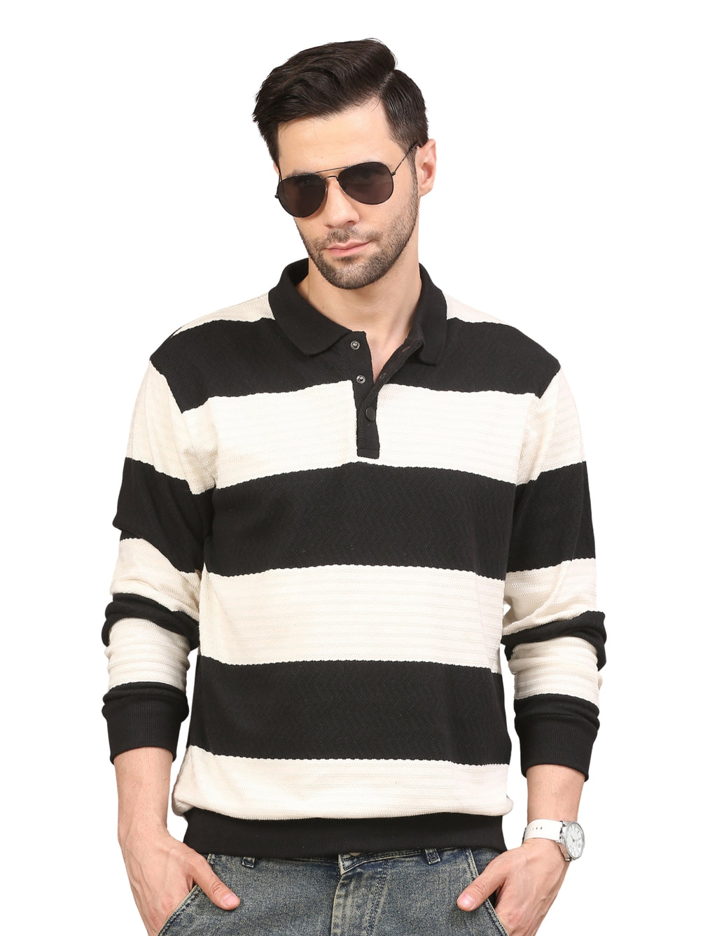 Men's Black and White Striped Polo Sweatshirt Stylish Casual Pullover for Everyday Wear