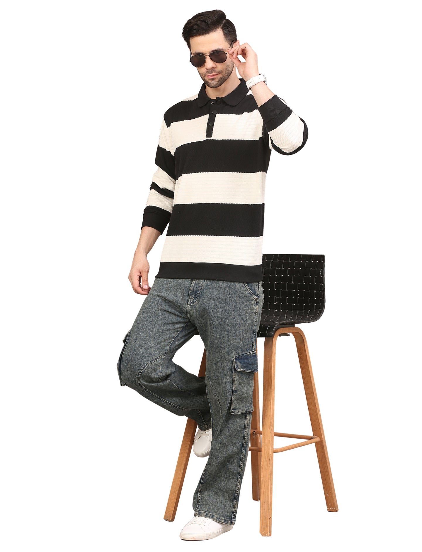 Men's Black and White Striped Polo Sweatshirt Stylish Casual Pullover for Everyday Wear