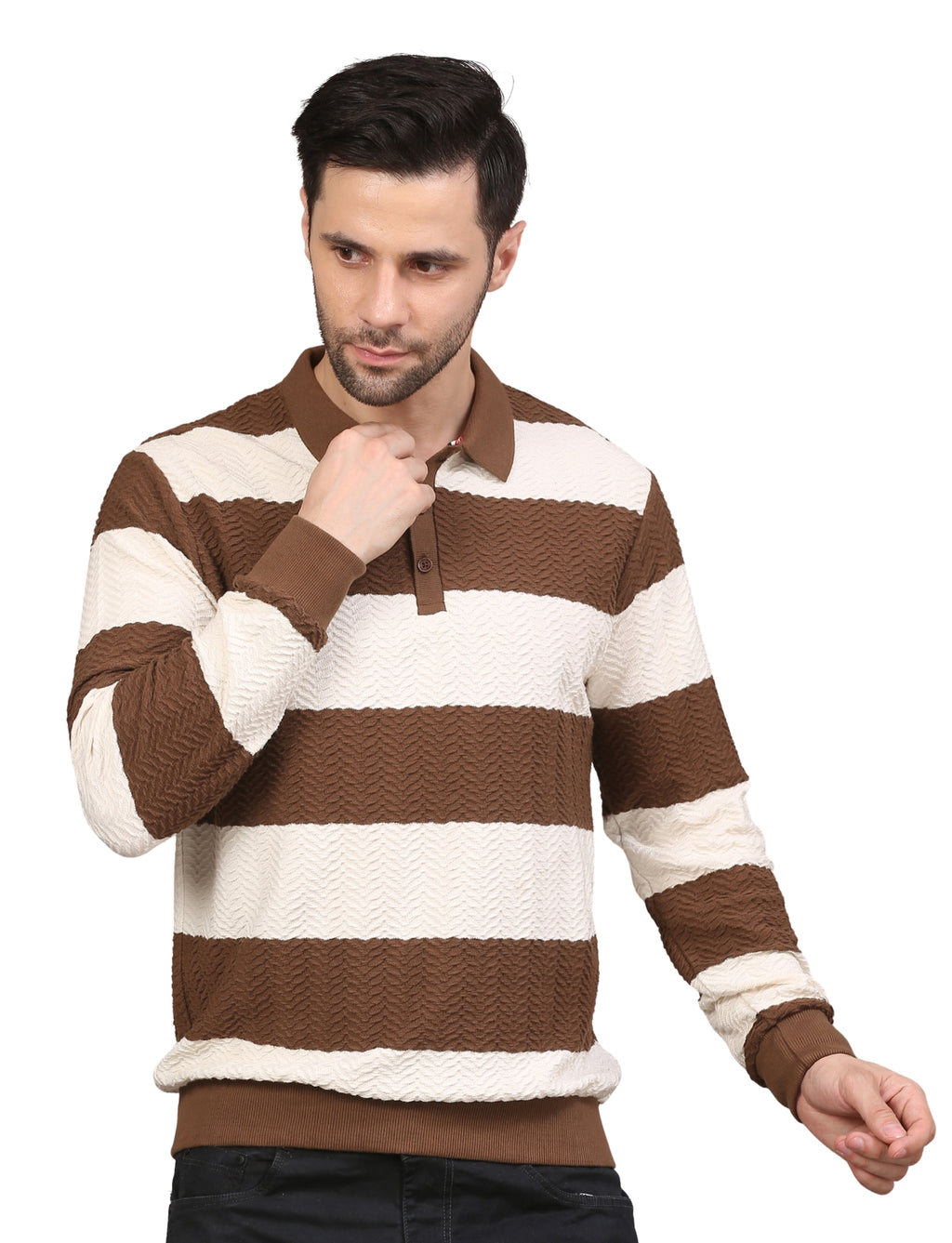 Men's Brown & White Striped Polo Neck Sweatshirt Casual Winter Wear