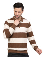 Men's Brown & White Striped Polo Neck Sweatshirt Casual Winter Wear