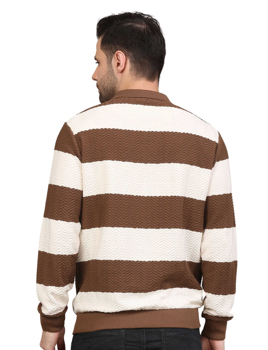 Men's Brown & White Striped Polo Neck Sweatshirt Casual Winter Wear