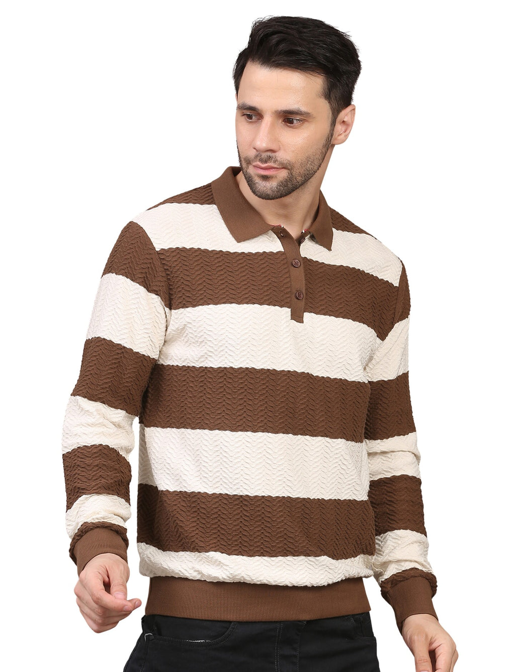 Men's Brown & White Striped Polo Neck Sweatshirt Casual Winter Wear