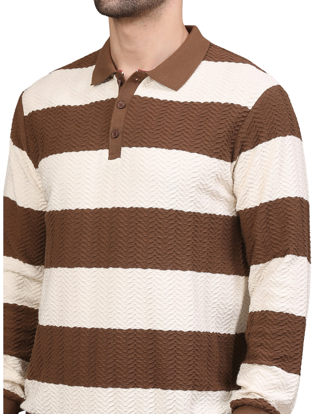 Men's Brown & White Striped Polo Neck Sweatshirt Casual Winter Wear