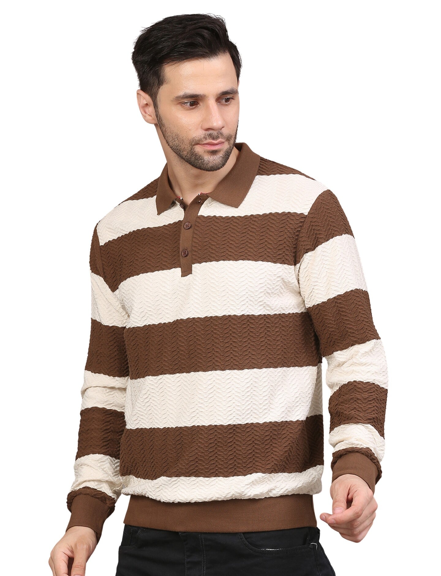 Men's Brown & White Striped Polo Neck Sweatshirt Casual Winter Wear