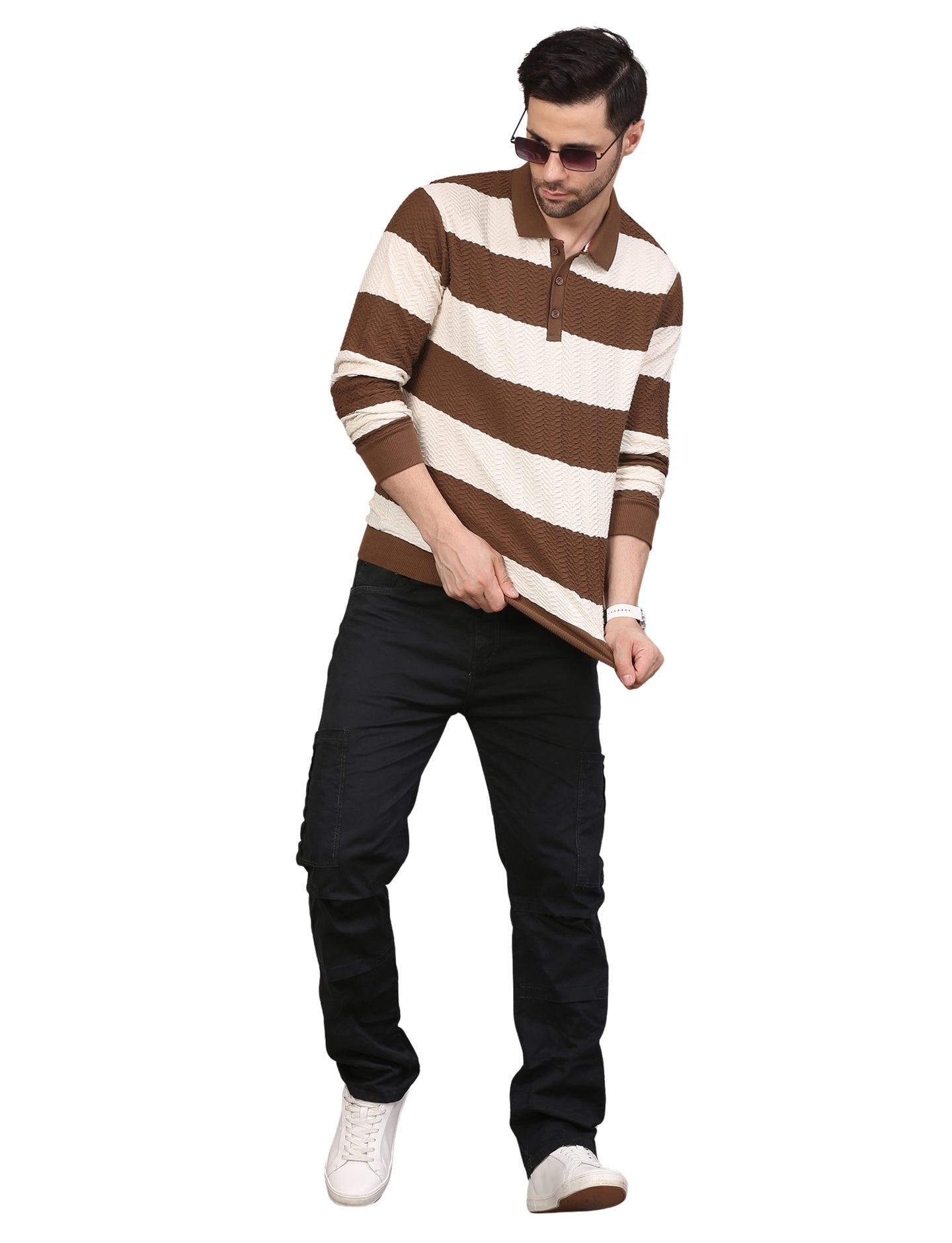 Men's Brown & White Striped Polo Neck Sweatshirt Casual Winter Wear