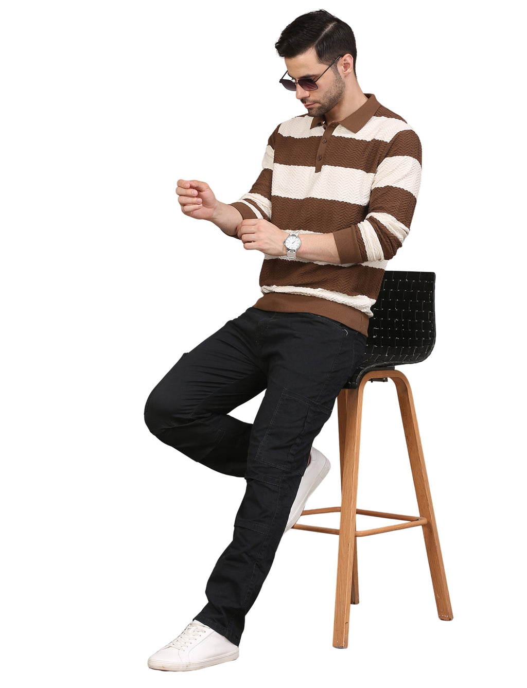 Men's Brown & White Striped Polo Neck Sweatshirt Casual Winter Wear