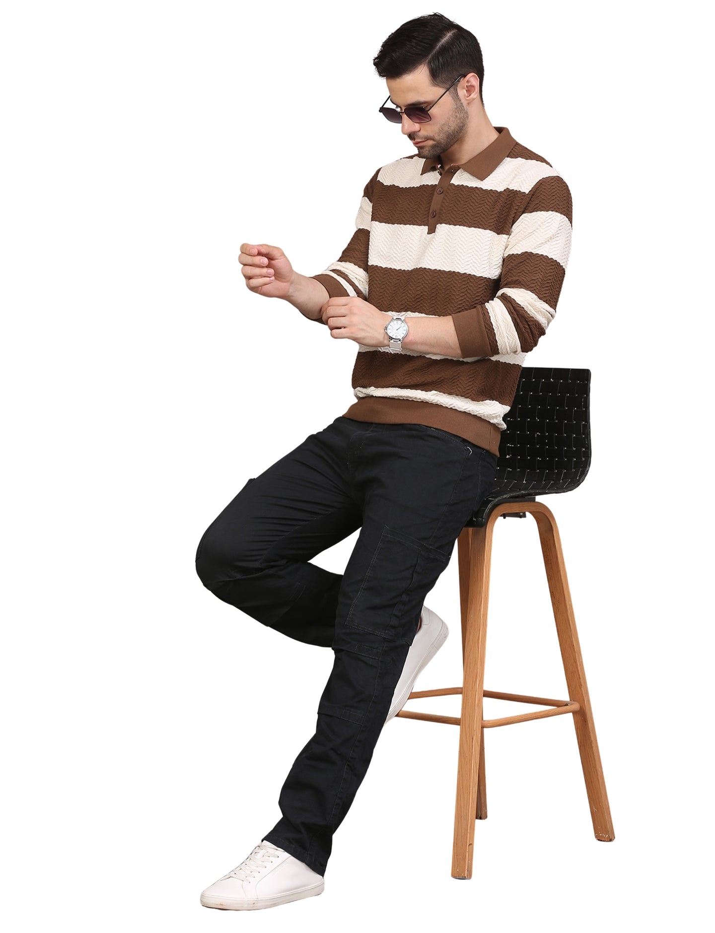 Men's Brown & White Striped Polo Neck Sweatshirt Casual Winter Wear