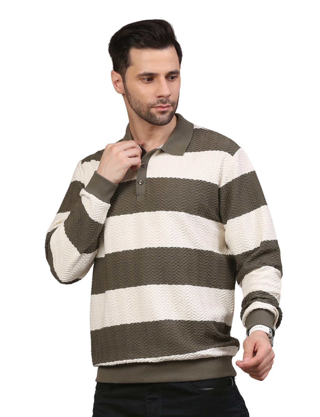 Men's Olive & White Striped Polo Neck Sweatshirt Casual Winter Wear