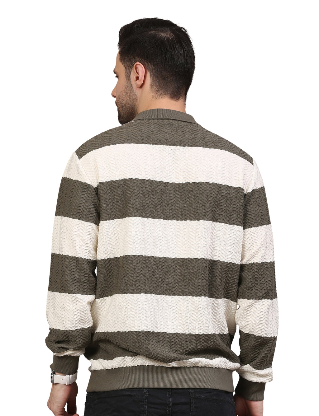 Men's Olive & White Striped Polo Neck Sweatshirt Casual Winter Wear
