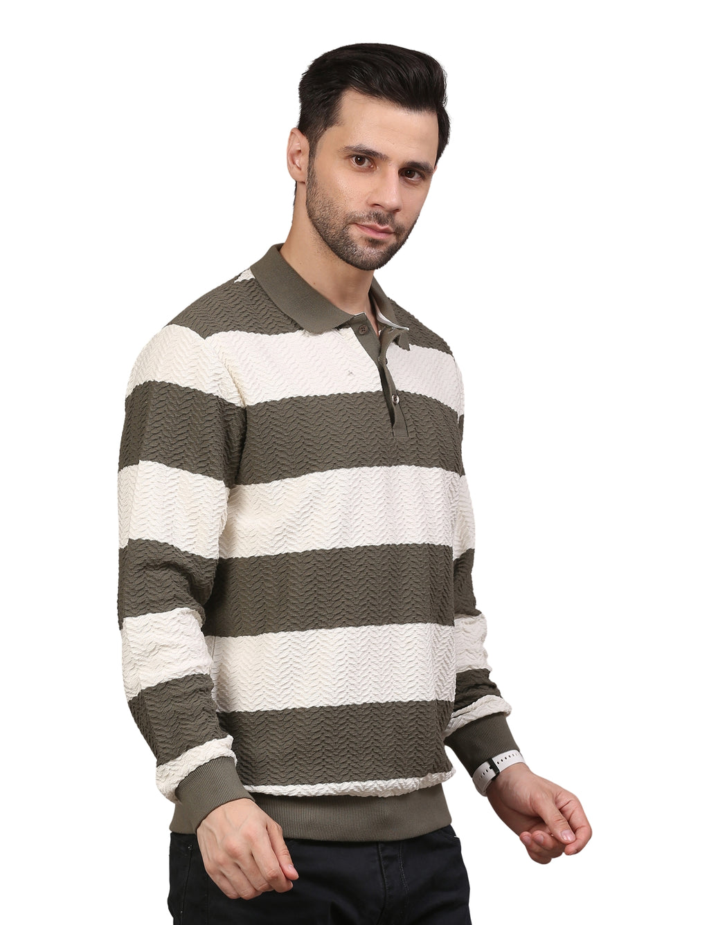 Men's Olive & White Striped Polo Neck Sweatshirt Casual Winter Wear