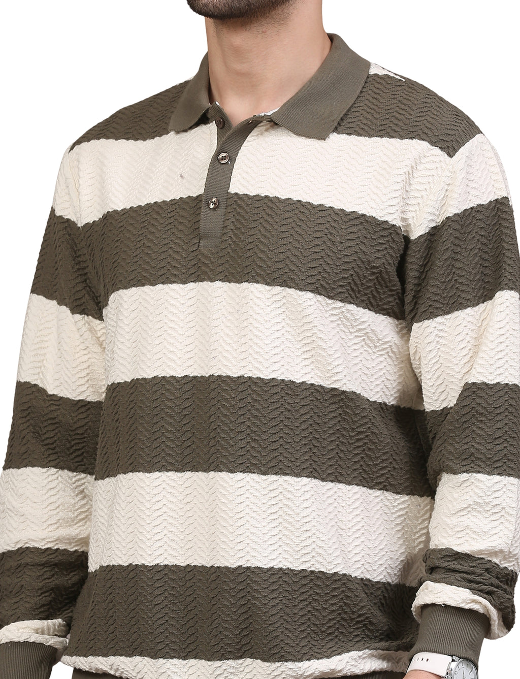 Men's Olive & White Striped Polo Neck Sweatshirt Casual Winter Wear