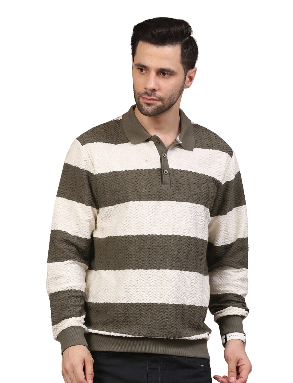 Men's Olive & White Striped Polo Neck Sweatshirt Casual Winter Wear